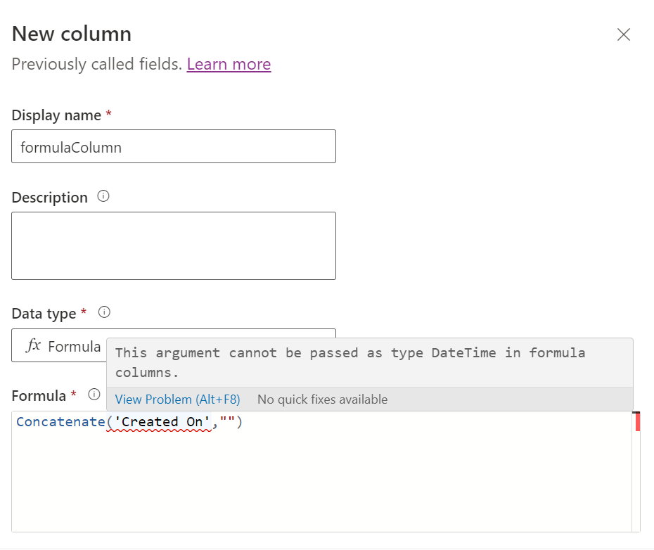 Formula column with unsupported date time parameter passed in formula