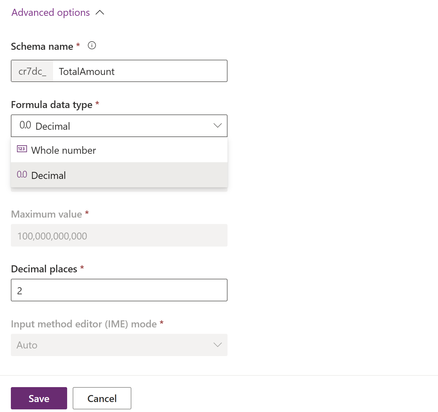 Screenshot of a decimal formula column definition.