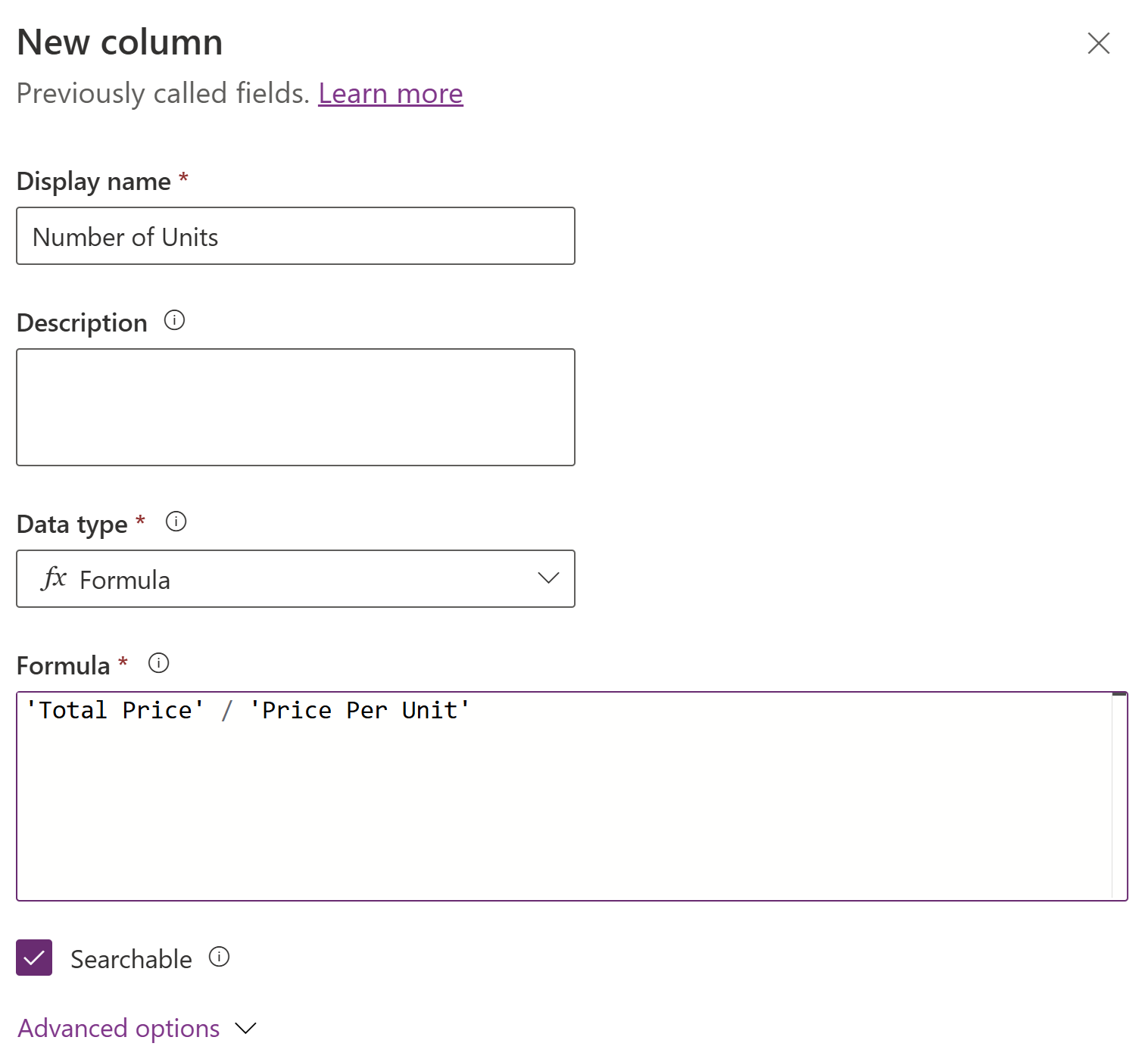 Screenshot of a create a new formula column pane for use with a whole number..