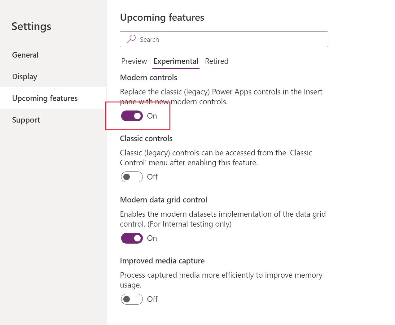 Settings dialog for enabling modern controls