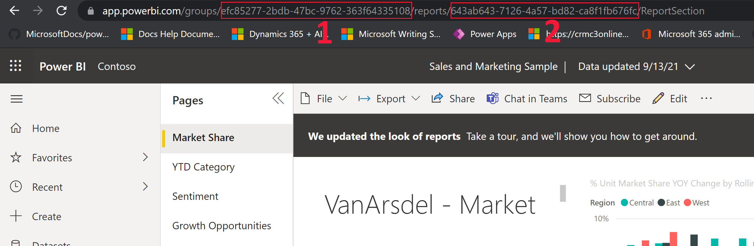 Power BI workspace Id and report Id example