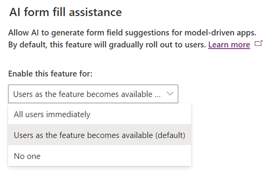 Screenshot that shows form fill assistance being enabled for the environment.