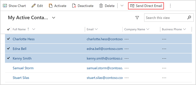Select multiple contacts and then select Send Direct Email.