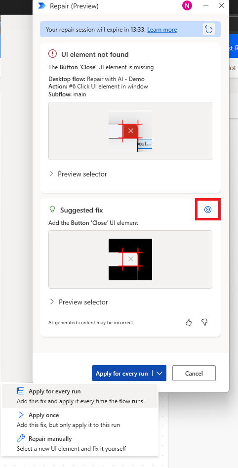 Screenshot showing Copilot located the UI element successfully.