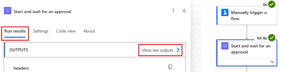 Screenshot of the Power Automate designer showing the raw outputs of an action.