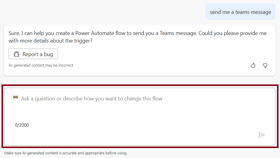 Screenshot of the vague prompt experience, where you can continue building your flow with Copilot.