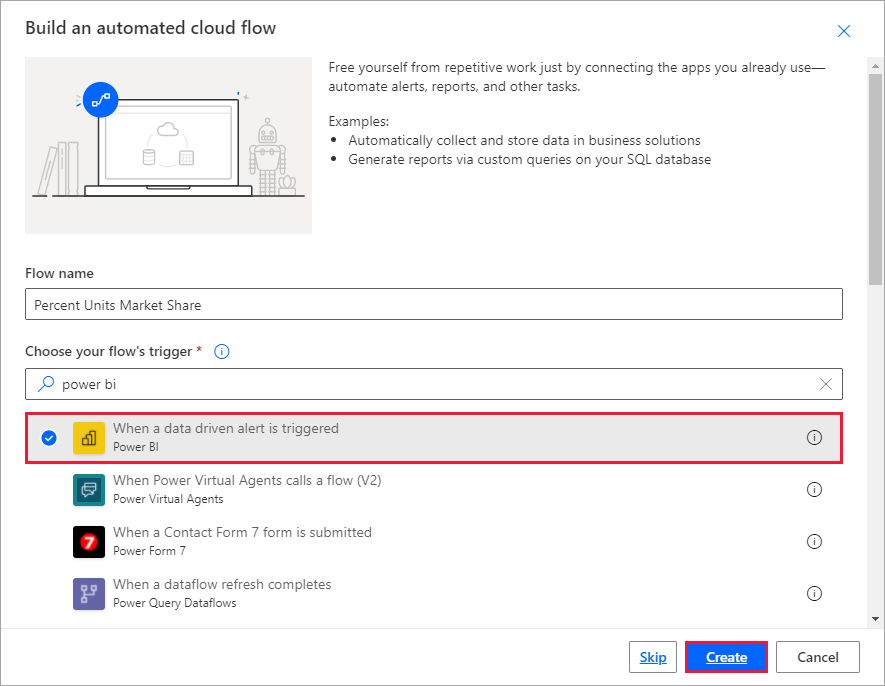 Screenshot of the Build an automated flow dialog.
