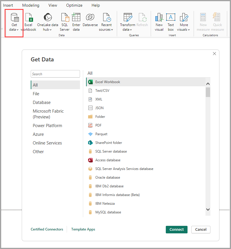 Screenshot that shows the Get Data icon and the Get Data dialog box in Power BI Desktop.