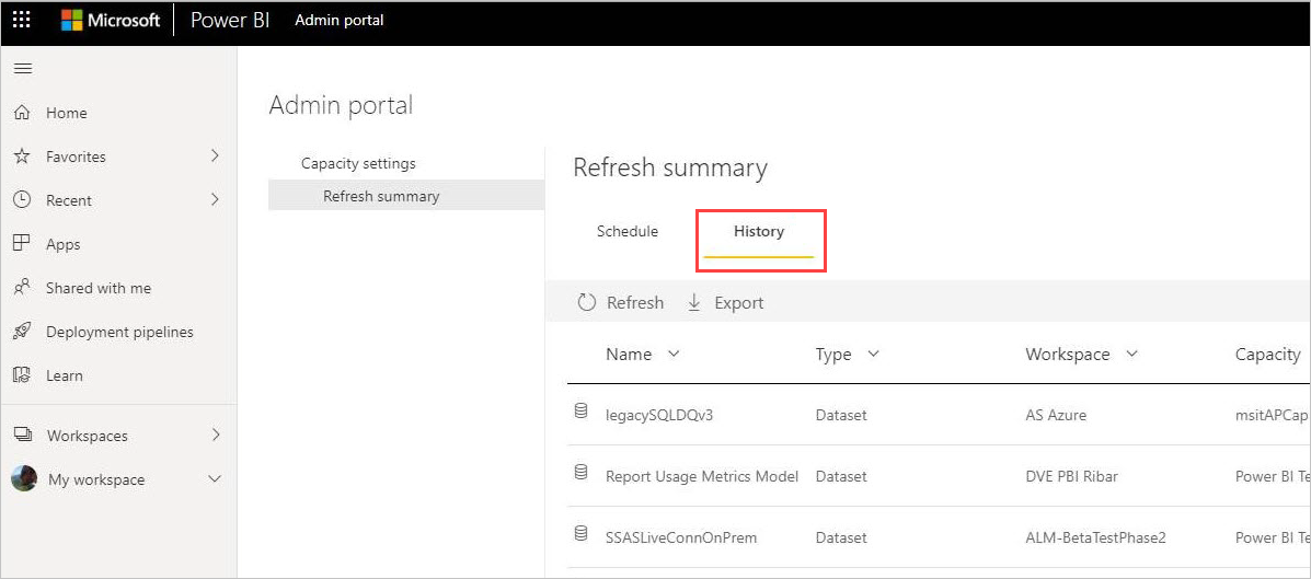 Screenshot shows the History view in Refresh summary in the Power BI admin portal.