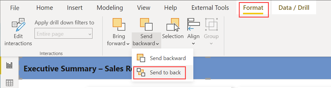 Screenshot of the Format ribbon, Send to back menu option.