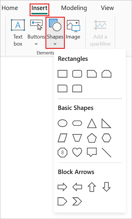 Screenshot of Power BI Desktop, highlighting the option to insert a shape.