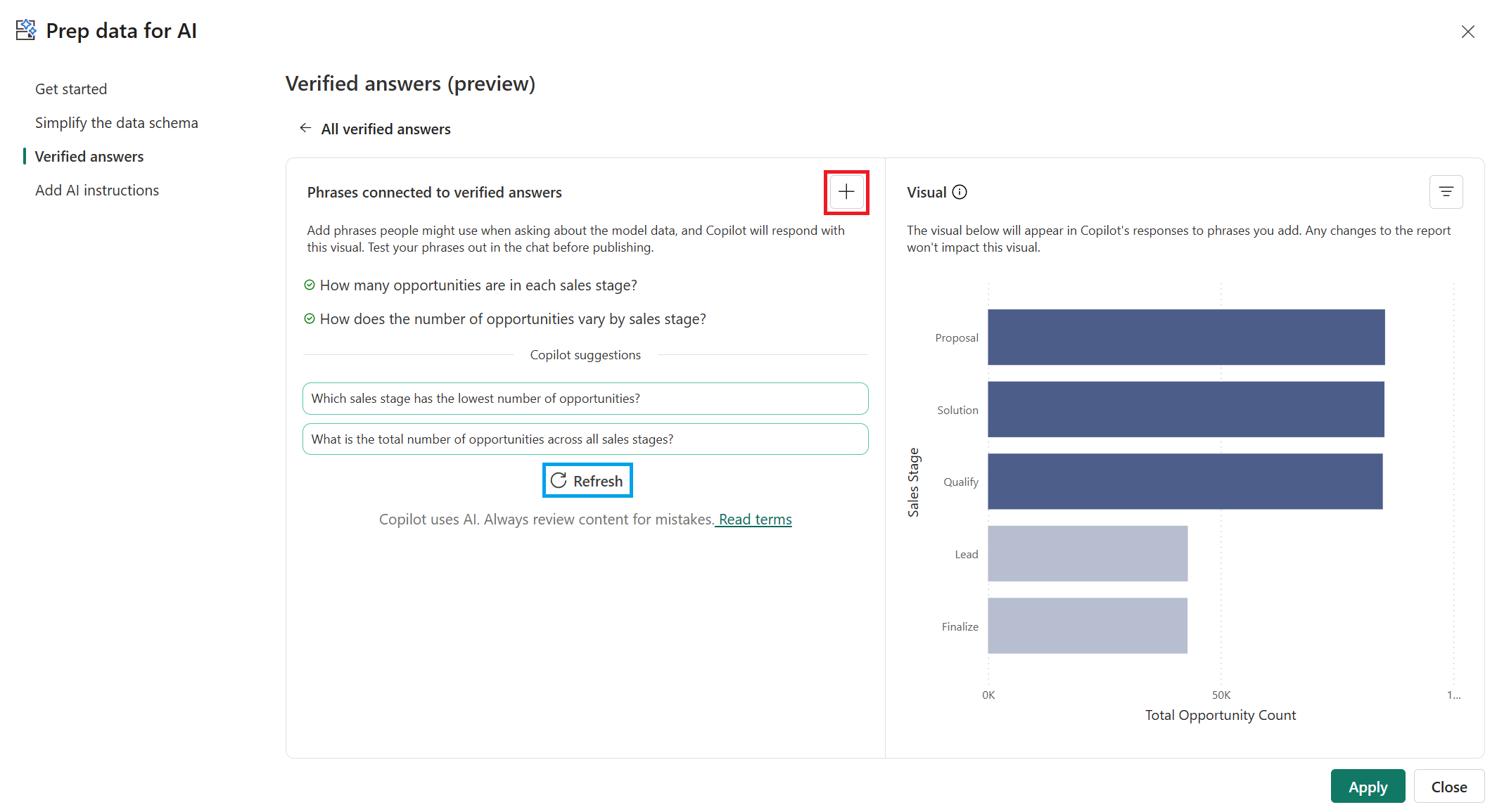 Screenshot of the verified answers Copilot suggestions and connected phrases.