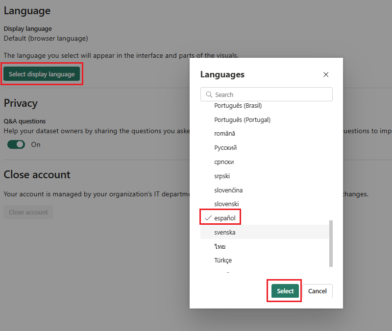 A screenshot showing the language settings in Power BI service.