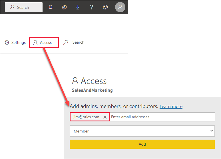 Screenshot of an external user added to the App access list in Power B I.