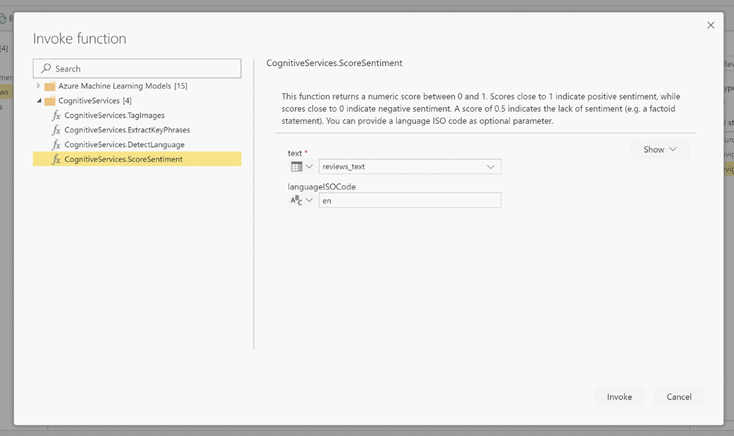 Screenshot of the Invoke function dialog showing CognitiveServices.ScoreSentiment selected and en set as the LanguageIsoCode.