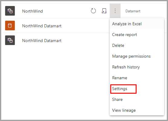 Screenshot of the datamart context menu with settings selected.