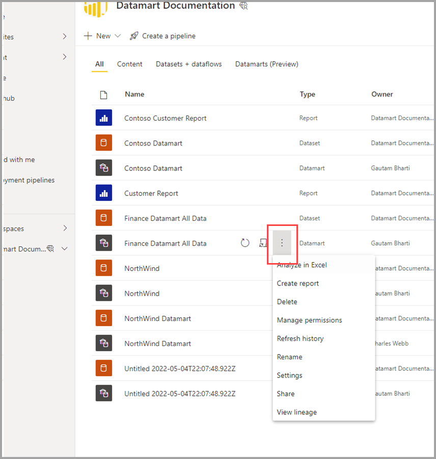 Screenshot of selecting the context menu from a datamart in the workspace.