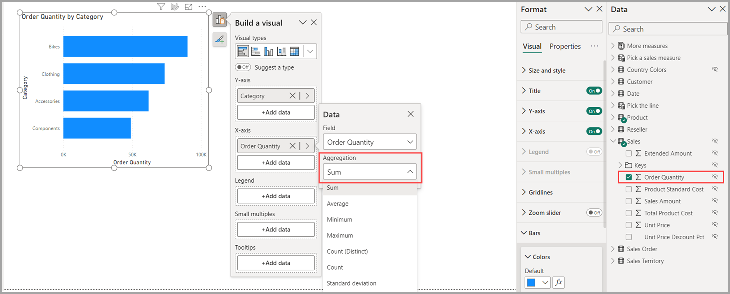 Screenshot of Report view and creation of implicit measures in visuals.