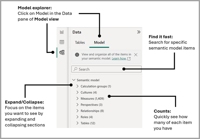 Screenshot of Model explorer areas and how they operate in Power BI.
