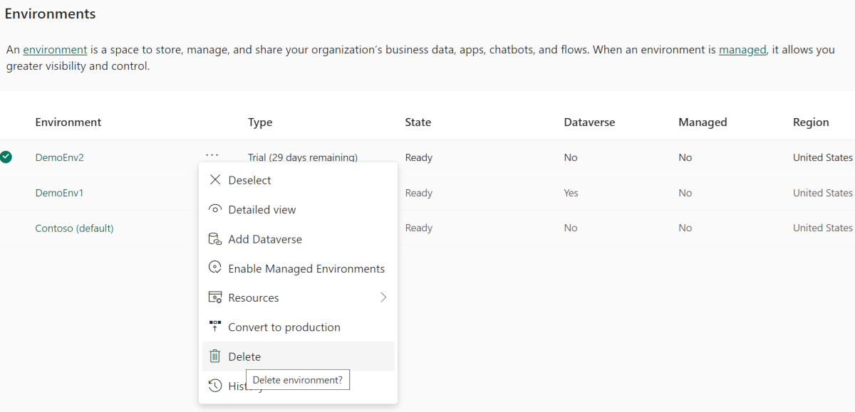 Delete a selected environment in the admin center.