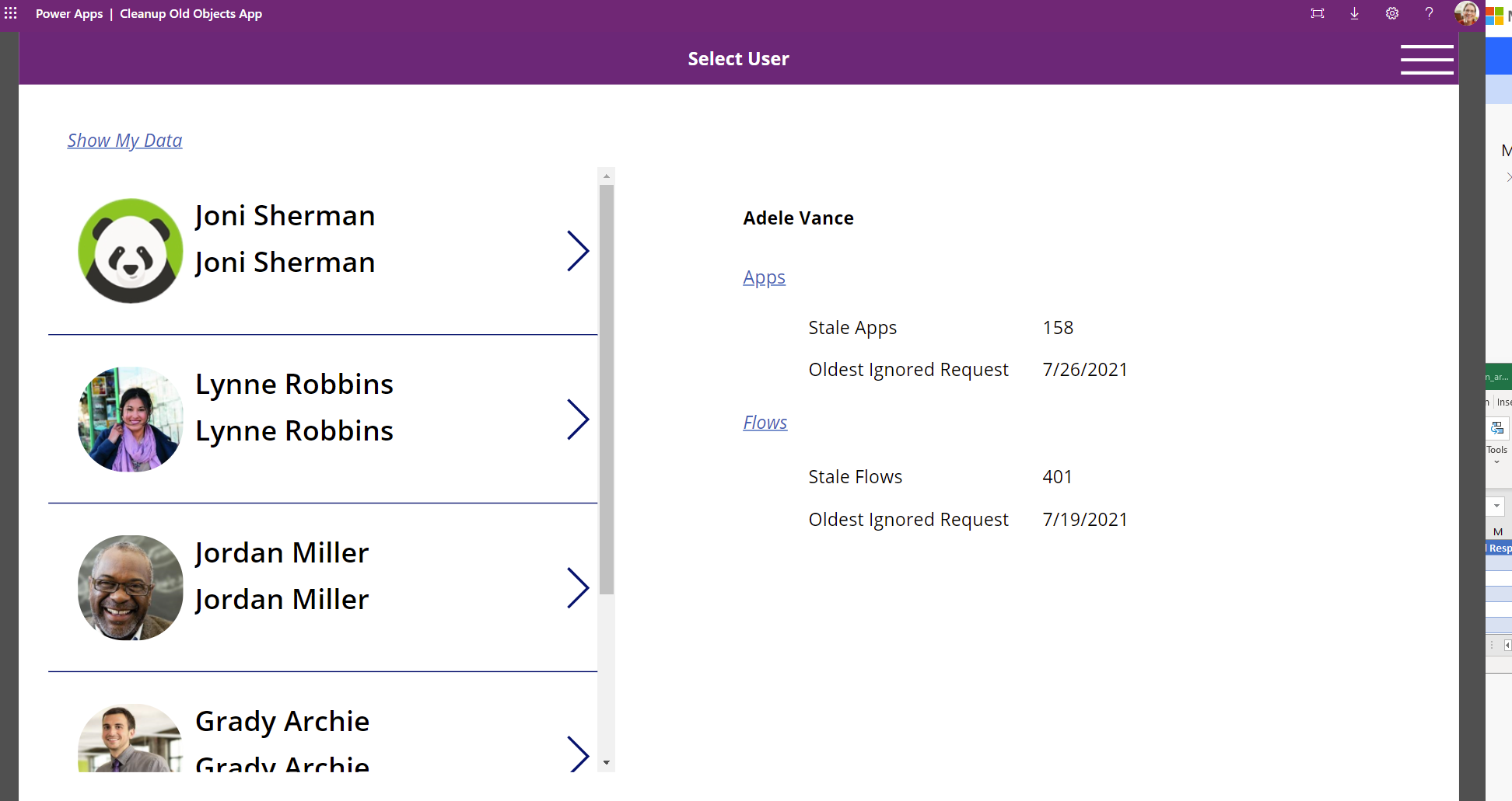 Screenshot from Cleanup Old Objects App showing list of users with stale flows.