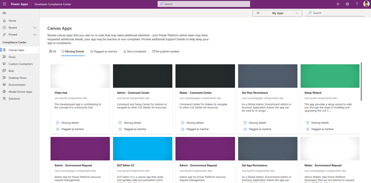 Screenshot showing the Developer Compliance Center overview for Canvas Apps.