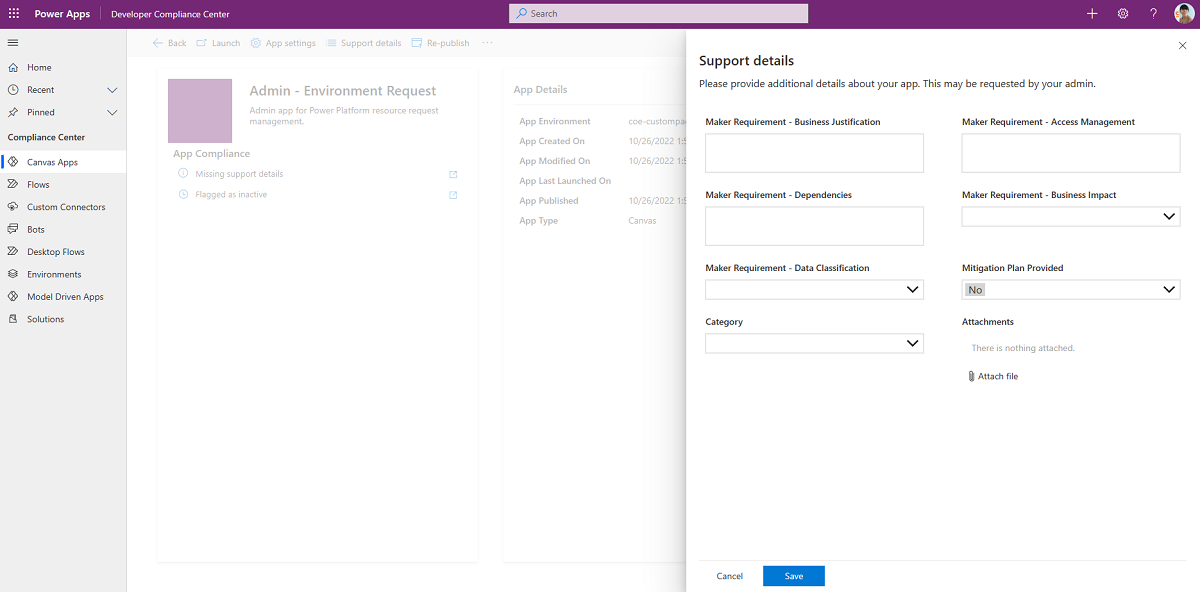 Screenshot showing Support details in the Developer Compliance Center app.