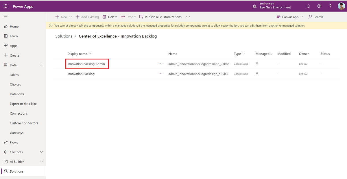 Open the Innovation Backlog Admin app Open the Innovation Backlog Admin app.
