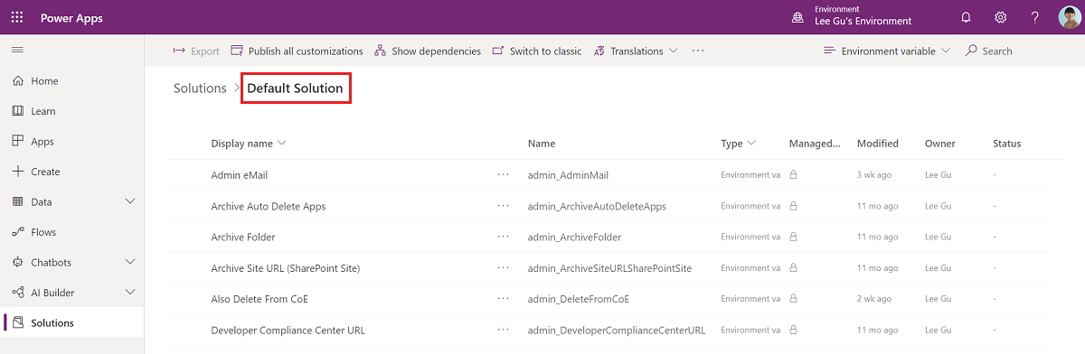 Open the Default Solution and filter to only show Environment Variables Open the Default Solution and filter to only show Environment Variables.