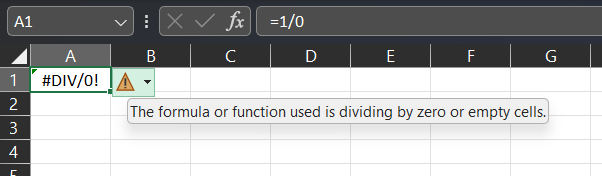 Excel spreadsheet with A1=1/0 and #DIV/0! shown in the cell