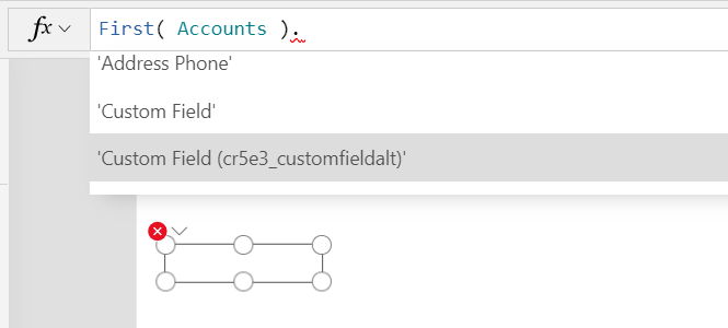 Studio formula bar showing the use of the logical name cr5e3_customfieldalt to disambiguate the two versions of "Custom Field."