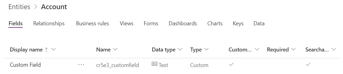 Accounts table with Custom Field added, showing a display name of "Custom Field" and a logical name of "cr5e3_customfield."