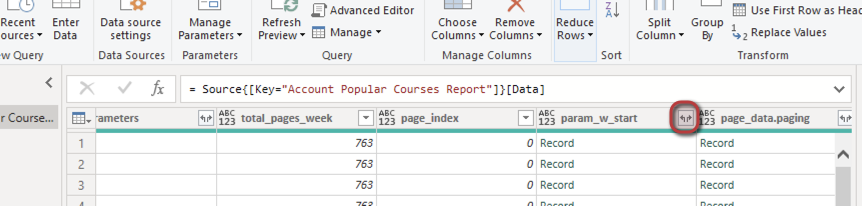 Screenshot of expand option located within the data columns.