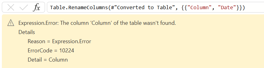 Screenshot of an online Step-level error where a column wasn't found.