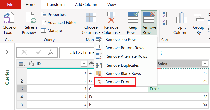 Screenshot of the remove errors button on the Home tab.