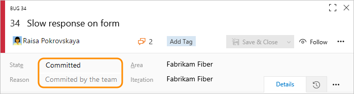 Screenshot that shows the Bug work item form header area.