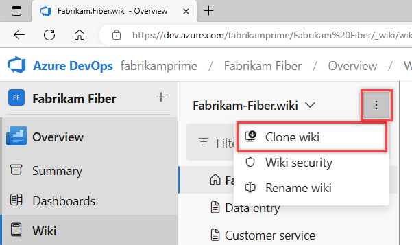 Screenshot that shows how to select the More options Clone wiki Git action for the selected wiki.