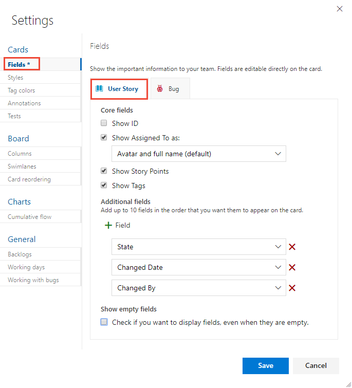 Settings,Fields, User Story tab (Agile process)