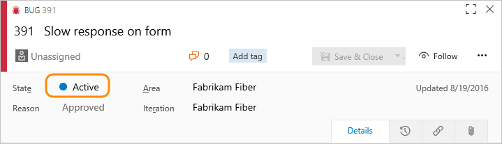 Bug work item form header, State color shown