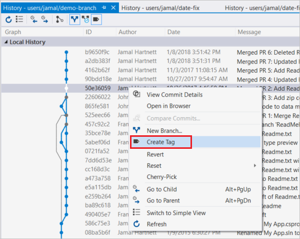 Create tag from the History view, Visual Studio.