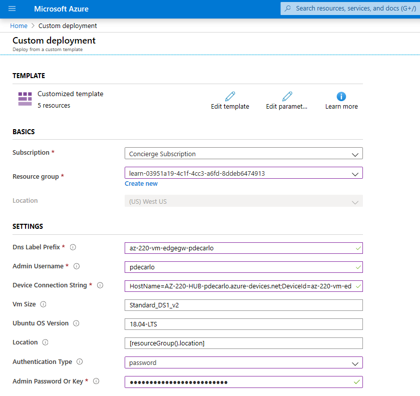 Screenshot showing the iotedge-vm-deploy template.