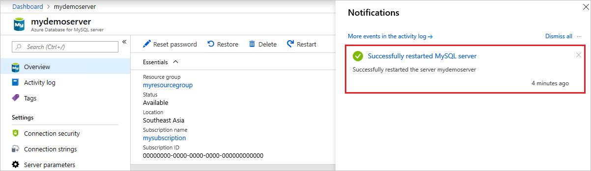 Azure Database for MySQL - Restart success