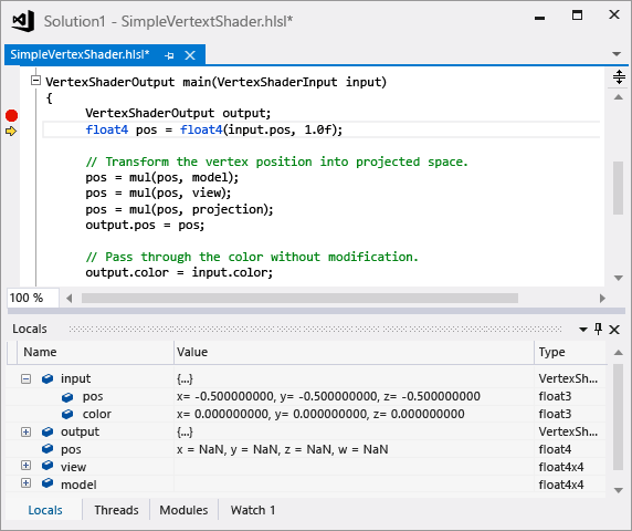 gfx_diag_demo_hlsl_debugger_orientation Debugging HLSL using watch and call stack windows.