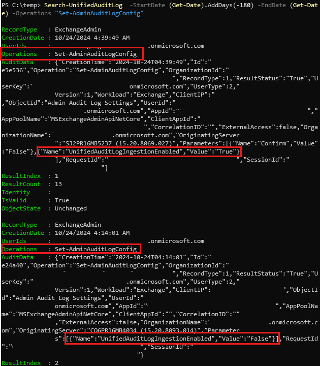 Screenshot of an audit record showing that auditing settings were changed.
