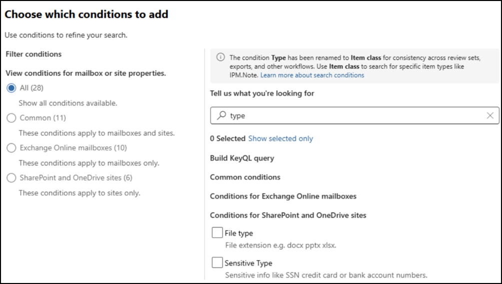 Screenshot of the condition picker page for adding search conditions such as Message kind, Participants, Received, and Recipients.