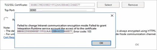 Screenshot displaying the error message "... Failed to grant Integration Runtime service account certificate access".