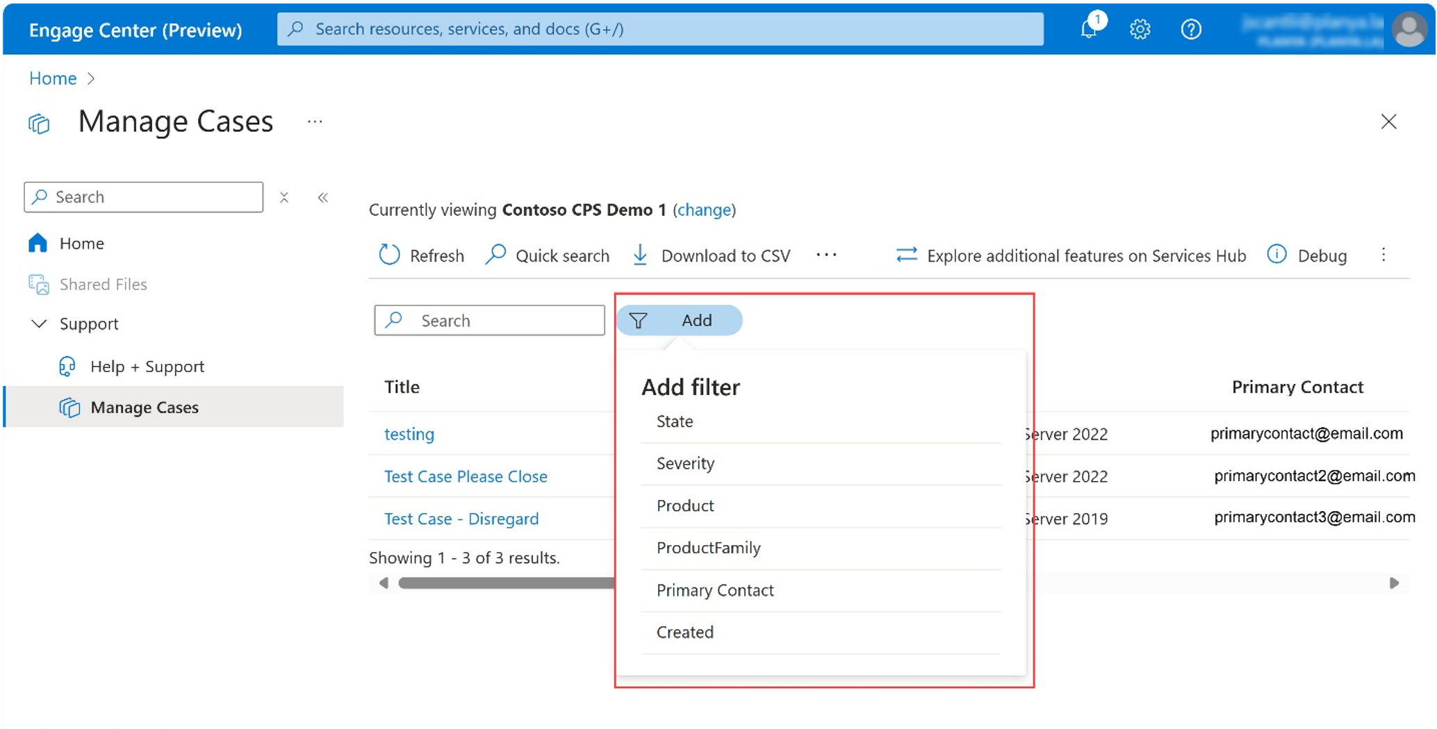 Editing filter options on the Manage Cases page of Engage Center.