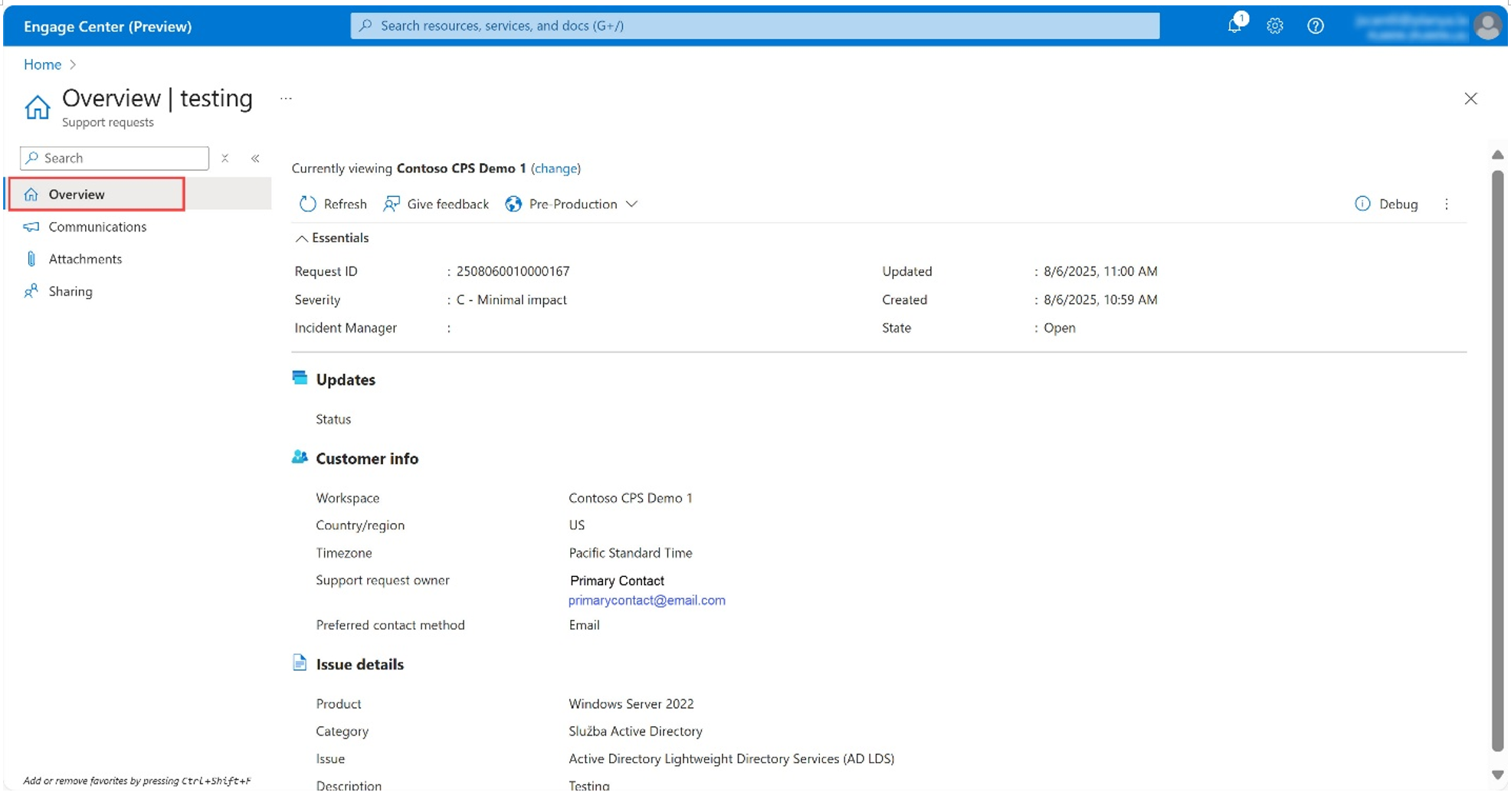 Support Request Details Overview page witht he overview selection highlighted.