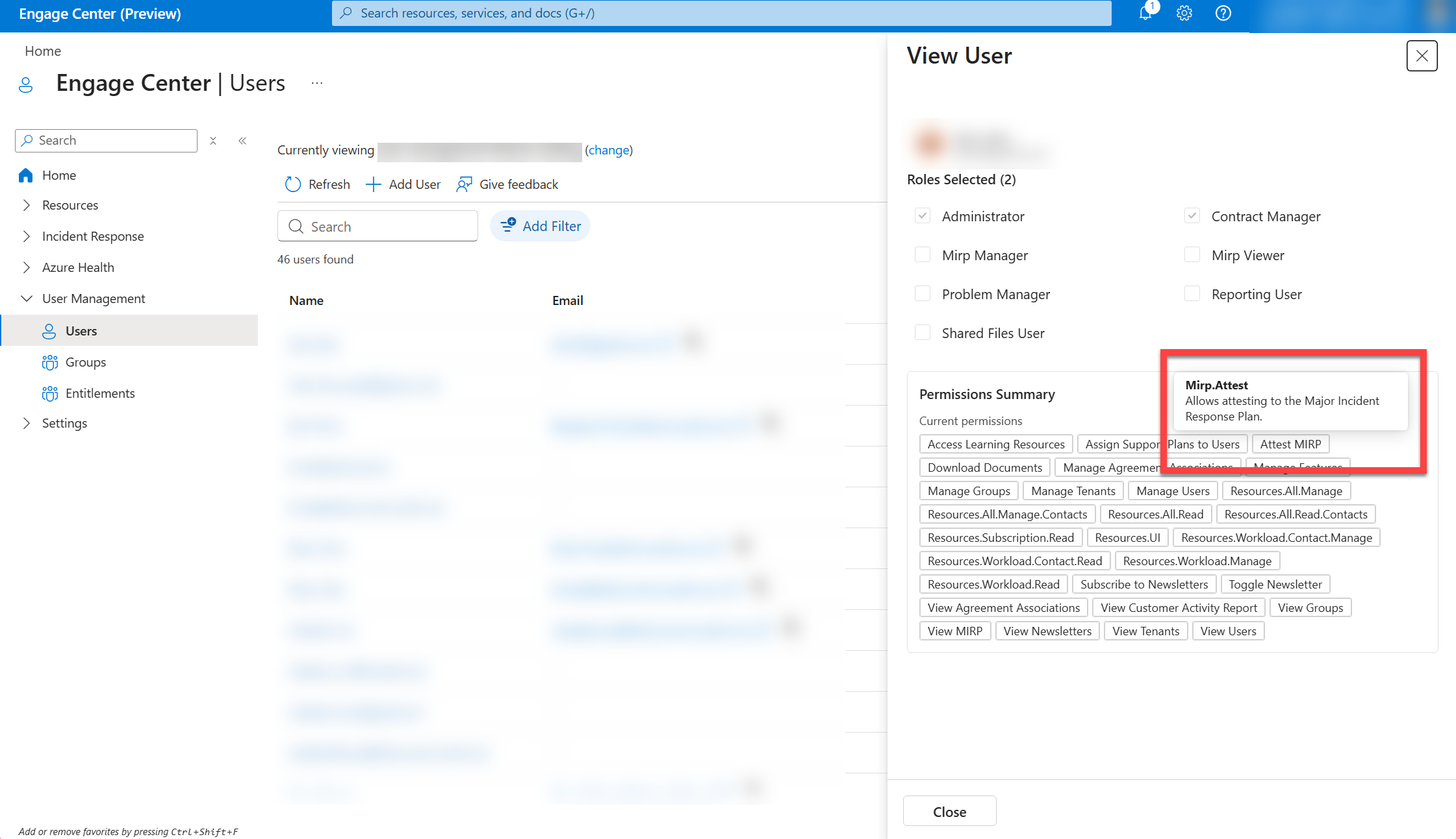 Detailed pop up for the role with a cursor over it.