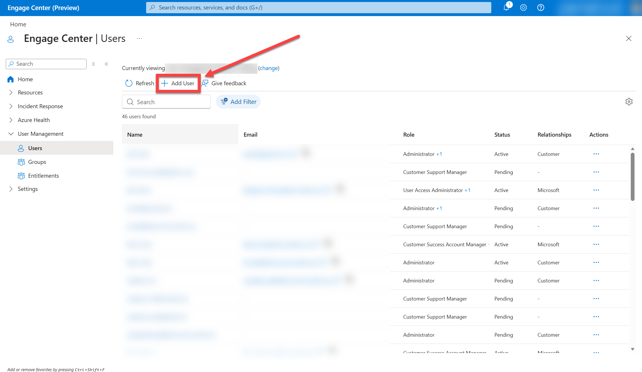 The Add User button marked in the Users list view of User Management.